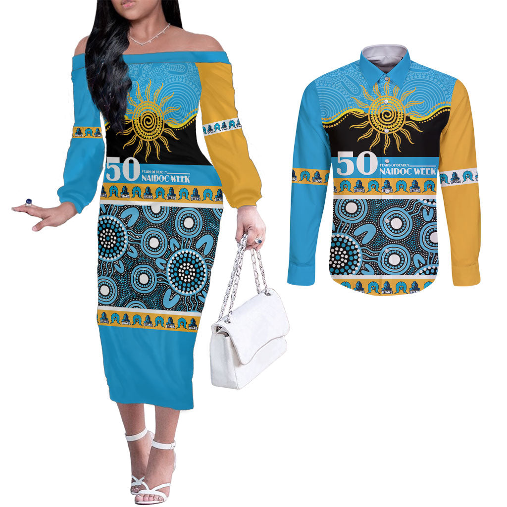 Titans NAIDOC Week Personalised Couples Matching Off The Shoulder Long Sleeve Dress and Long Sleeve Button Shirt Aboriginal Torres Strait Islanders Vibe