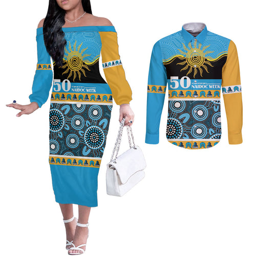 Titans NAIDOC Week Personalised Couples Matching Off The Shoulder Long Sleeve Dress and Long Sleeve Button Shirt Aboriginal Torres Strait Islanders Vibe