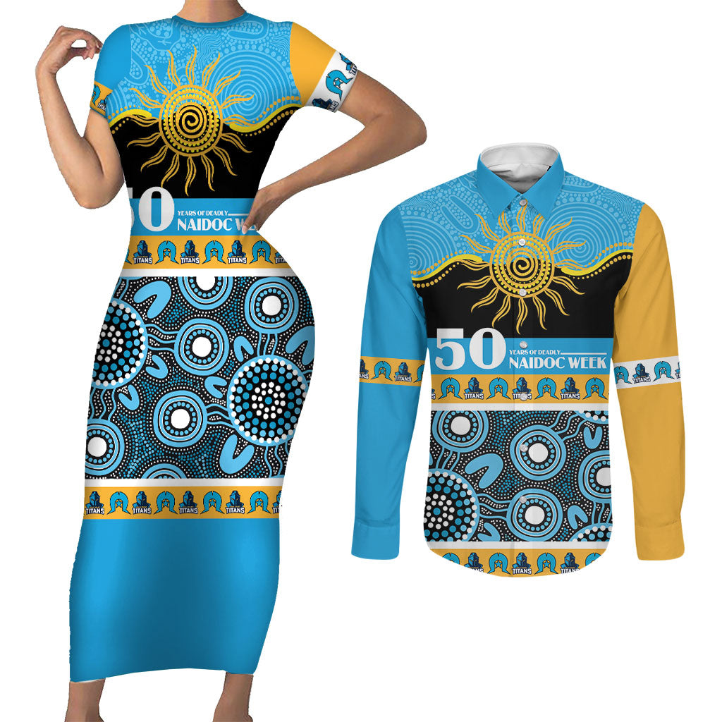Titans NAIDOC Week Personalised Couples Matching Short Sleeve Bodycon Dress and Long Sleeve Button Shirt Aboriginal Torres Strait Islanders Vibe