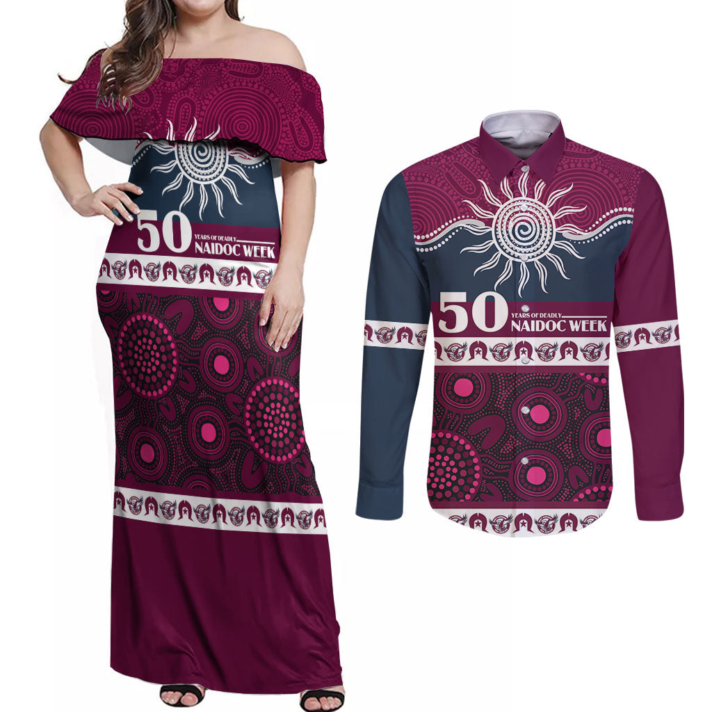Sea Eagles NAIDOC Week Personalised Couples Matching Off Shoulder Maxi Dress and Long Sleeve Button Shirt Aboriginal Torres Strait Islanders Vibe