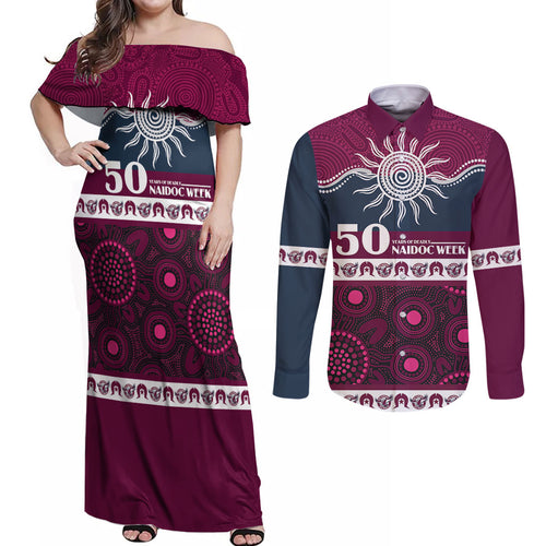 Sea Eagles NAIDOC Week Personalised Couples Matching Off Shoulder Maxi Dress and Long Sleeve Button Shirt Aboriginal Torres Strait Islanders Vibe