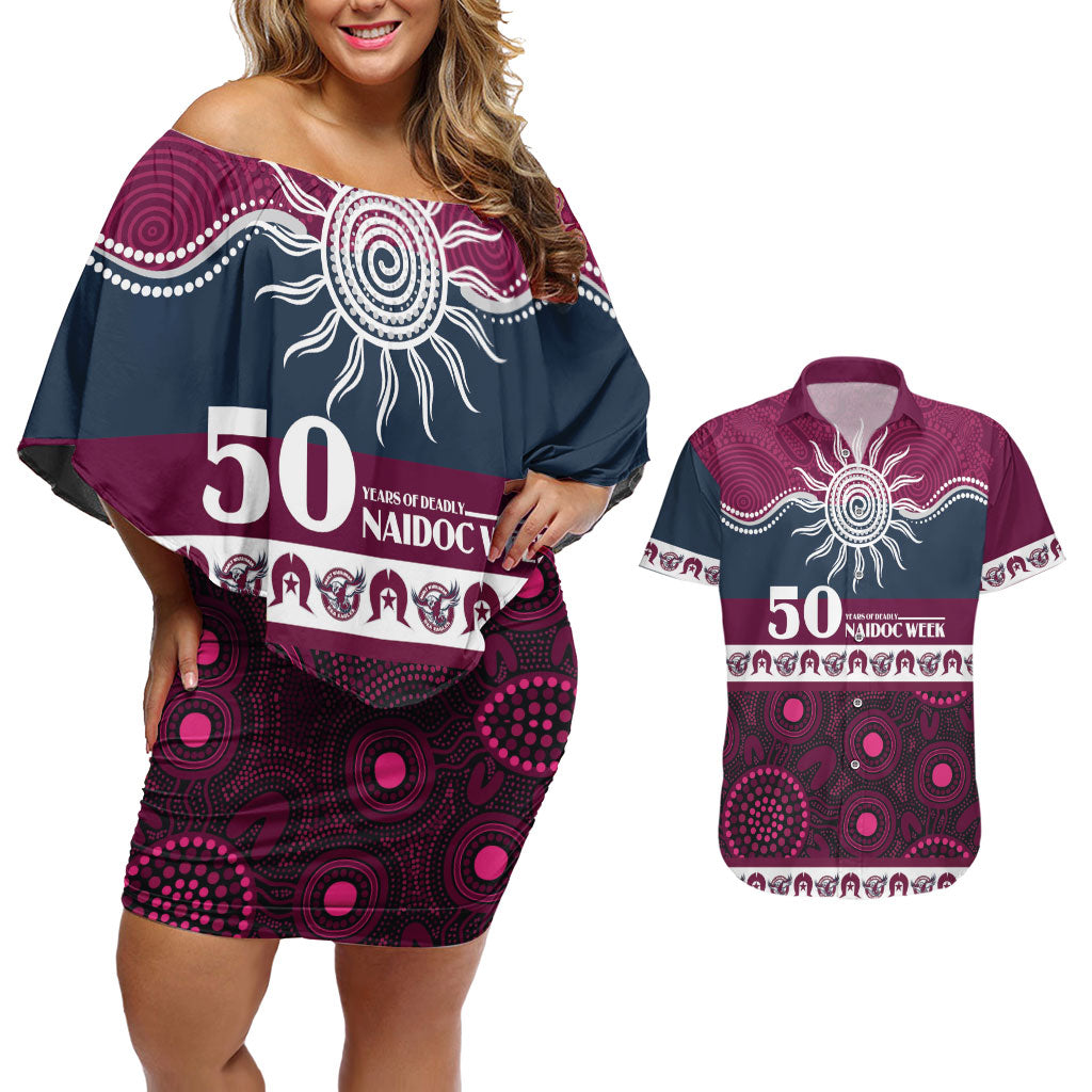 Sea Eagles NAIDOC Week Personalised Couples Matching Off Shoulder Short Dress and Hawaiian Shirt Aboriginal Torres Strait Islanders Vibe