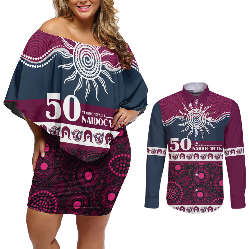 Sea Eagles NAIDOC Week Personalised Couples Matching Off Shoulder Short Dress and Long Sleeve Button Shirt Aboriginal Torres Strait Islanders Vibe