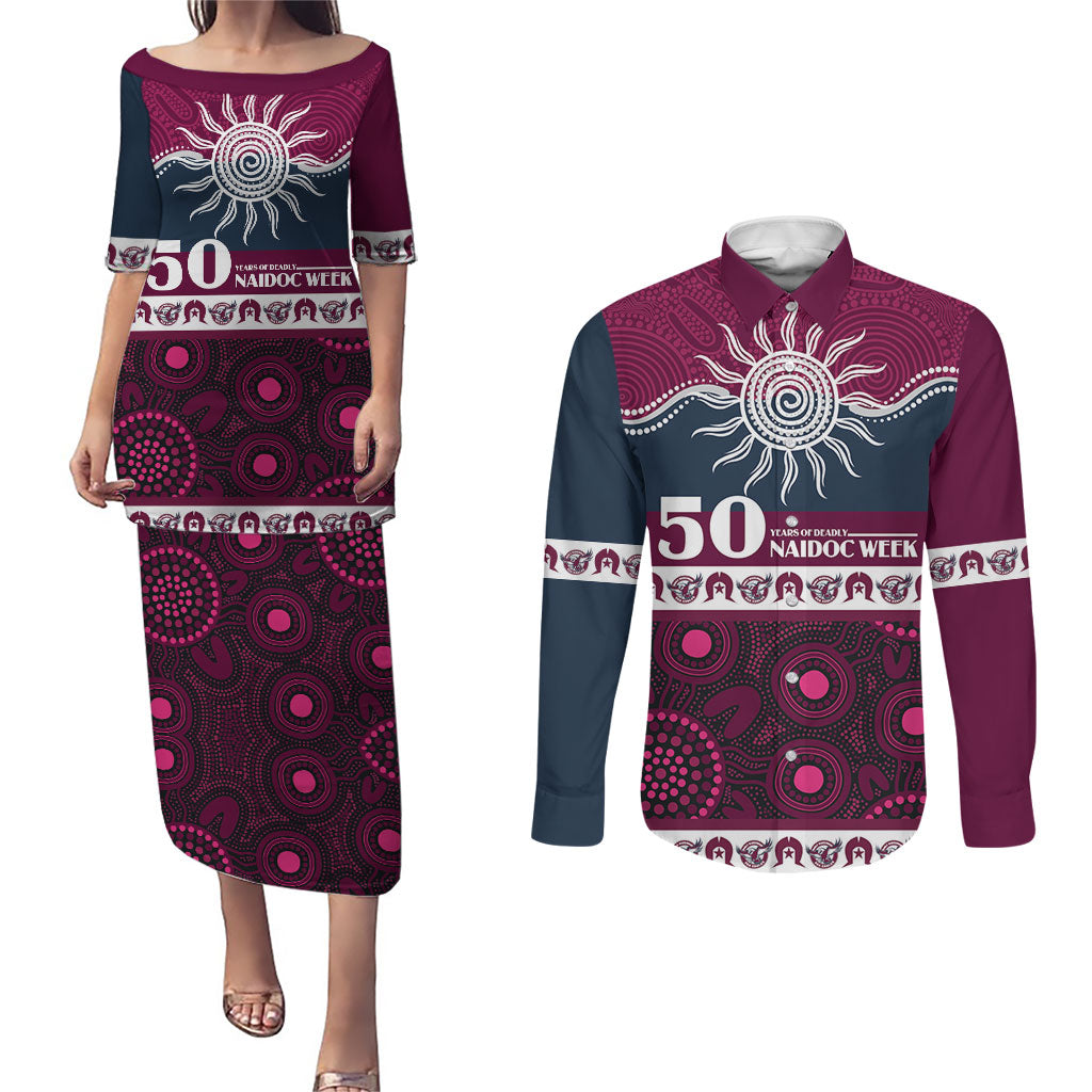Sea Eagles NAIDOC Week Personalised Couples Matching Puletasi and Long Sleeve Button Shirt Aboriginal Torres Strait Islanders Vibe