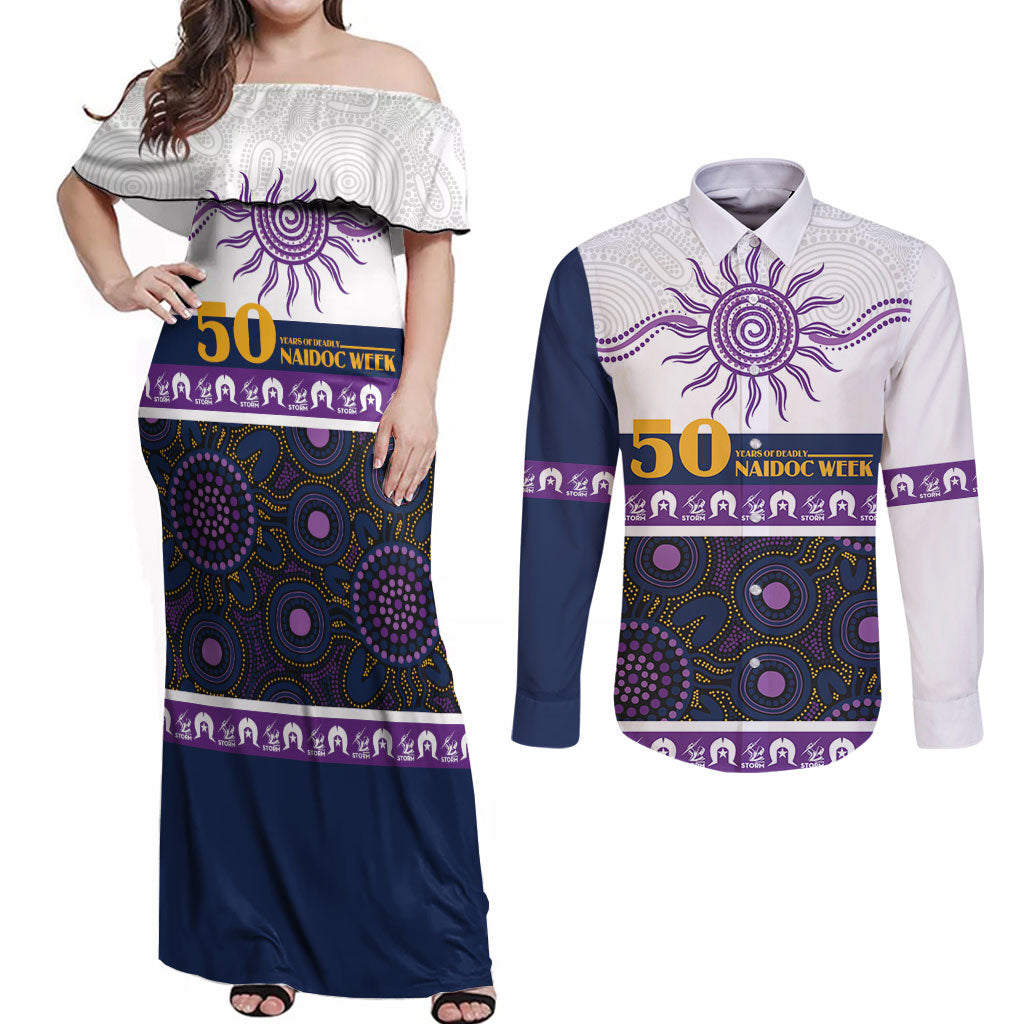 Storm NAIDOC Week Personalised Couples Matching Off Shoulder Maxi Dress and Long Sleeve Button Shirt Aboriginal Torres Strait Islanders Vibe