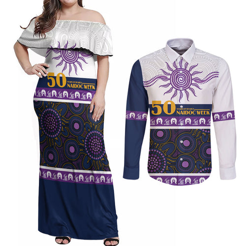 Storm NAIDOC Week Personalised Couples Matching Off Shoulder Maxi Dress and Long Sleeve Button Shirt Aboriginal Torres Strait Islanders Vibe
