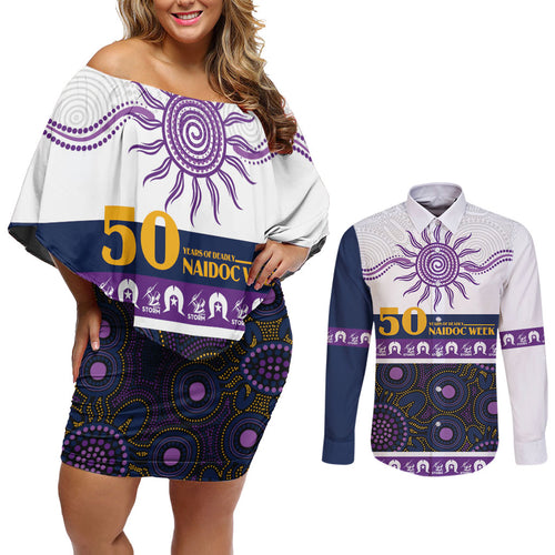 Storm NAIDOC Week Personalised Couples Matching Off Shoulder Short Dress and Long Sleeve Button Shirt Aboriginal Torres Strait Islanders Vibe