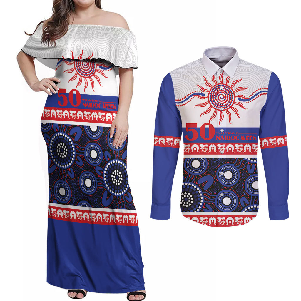 Knights NAIDOC Week Personalised Couples Matching Off Shoulder Maxi Dress and Long Sleeve Button Shirt Aboriginal Torres Strait Islanders Vibe