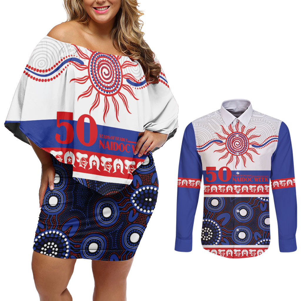 Knights NAIDOC Week Personalised Couples Matching Off Shoulder Short Dress and Long Sleeve Button Shirt Aboriginal Torres Strait Islanders Vibe