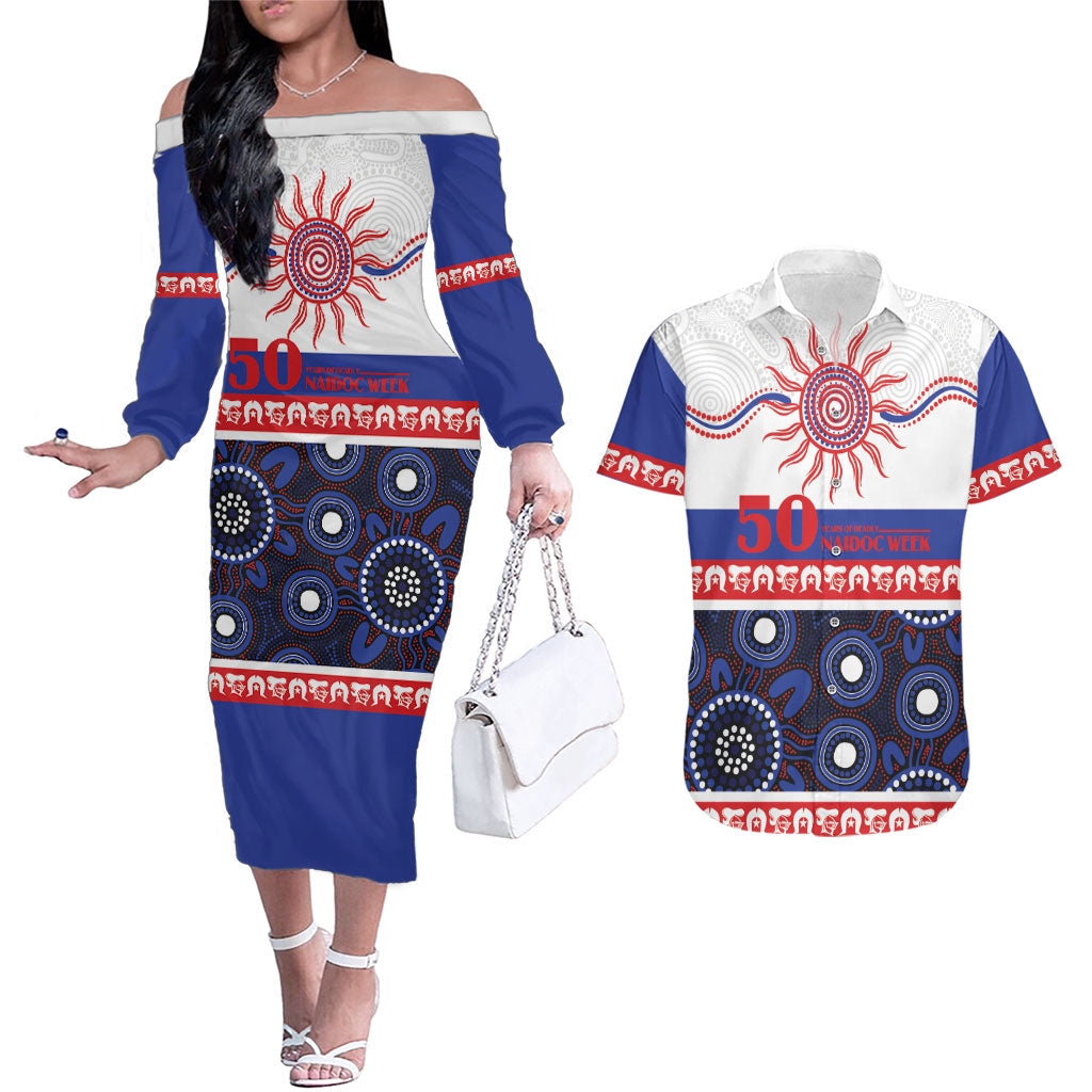 Knights NAIDOC Week Personalised Couples Matching Off The Shoulder Long Sleeve Dress and Hawaiian Shirt Aboriginal Torres Strait Islanders Vibe