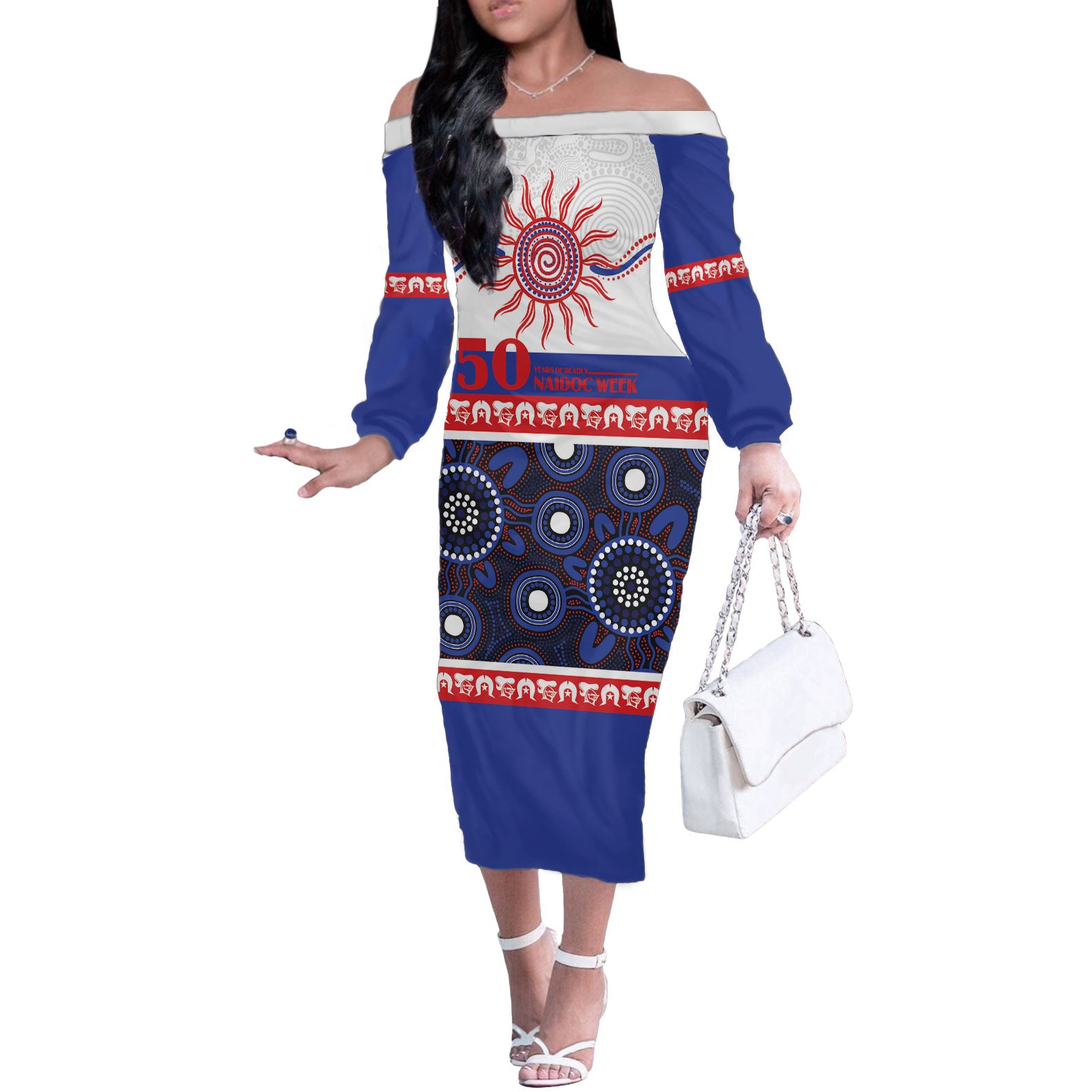 Knights NAIDOC Week Personalised Off The Shoulder Long Sleeve Dress Aboriginal Torres Strait Islanders Vibe