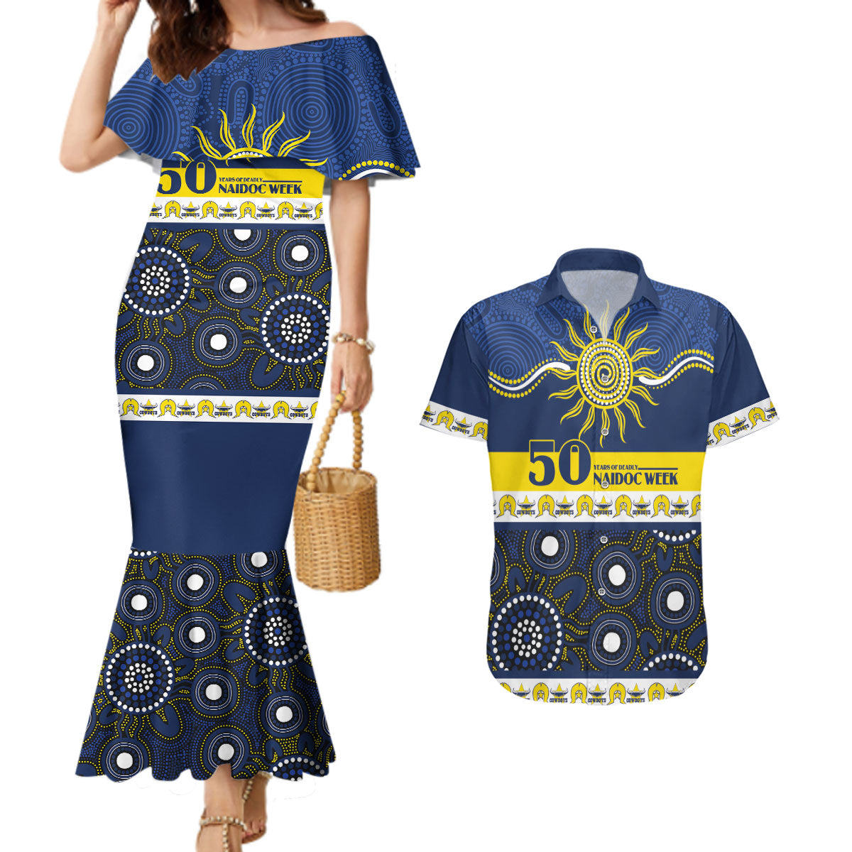 Cowboys NAIDOC Week Personalised Couples Matching Mermaid Dress and Hawaiian Shirt Aboriginal Torres Strait Islanders Vibe