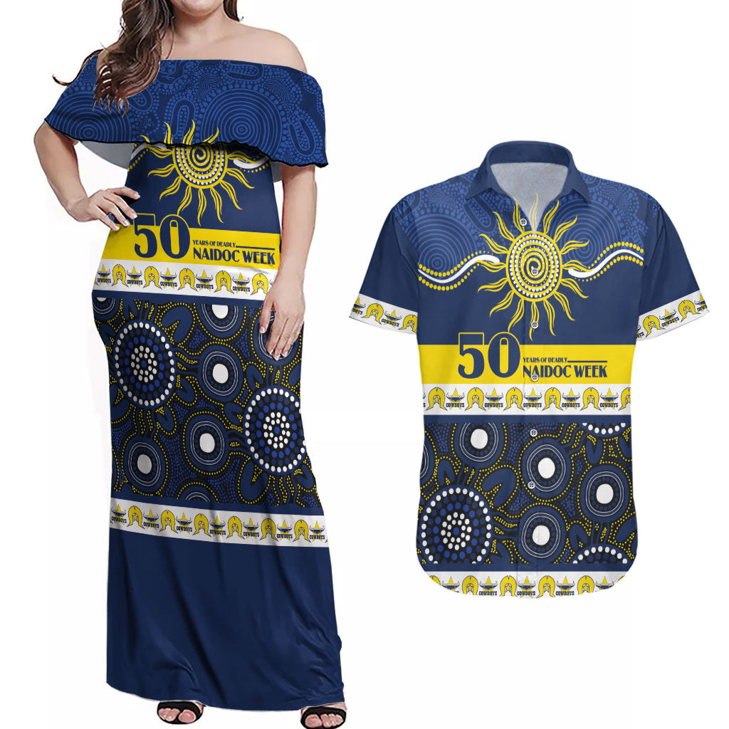 Cowboys NAIDOC Week Personalised Couples Matching Off Shoulder Maxi Dress and Hawaiian Shirt Aboriginal Torres Strait Islanders Vibe