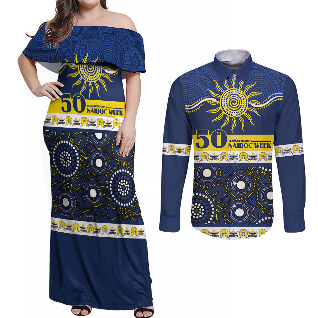 Cowboys NAIDOC Week Personalised Couples Matching Off Shoulder Maxi Dress and Long Sleeve Button Shirt Aboriginal Torres Strait Islanders Vibe