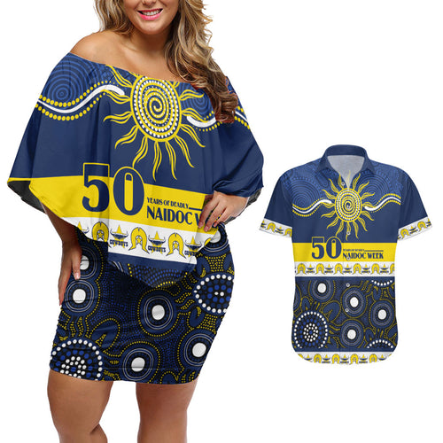 Cowboys NAIDOC Week Personalised Couples Matching Off Shoulder Short Dress and Hawaiian Shirt Aboriginal Torres Strait Islanders Vibe