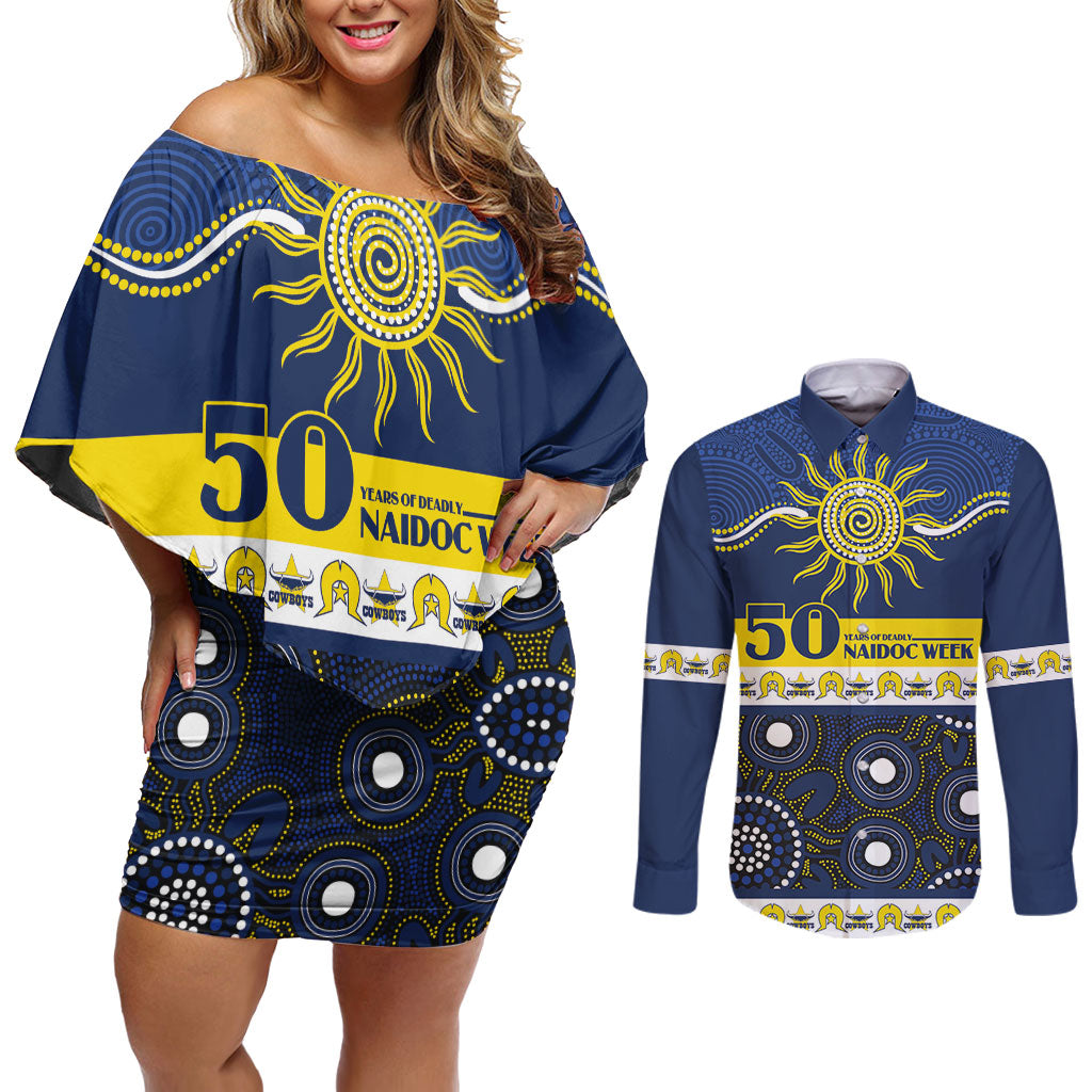 Cowboys NAIDOC Week Personalised Couples Matching Off Shoulder Short Dress and Long Sleeve Button Shirt Aboriginal Torres Strait Islanders Vibe