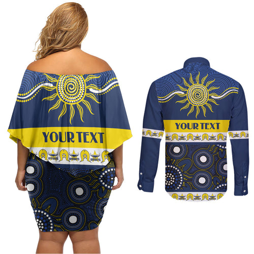 Cowboys NAIDOC Week Personalised Couples Matching Off Shoulder Short Dress and Long Sleeve Button Shirt Aboriginal Torres Strait Islanders Vibe