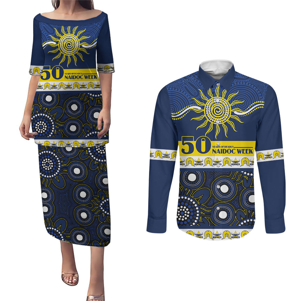 Cowboys NAIDOC Week Personalised Couples Matching Puletasi and Long Sleeve Button Shirt Aboriginal Torres Strait Islanders Vibe