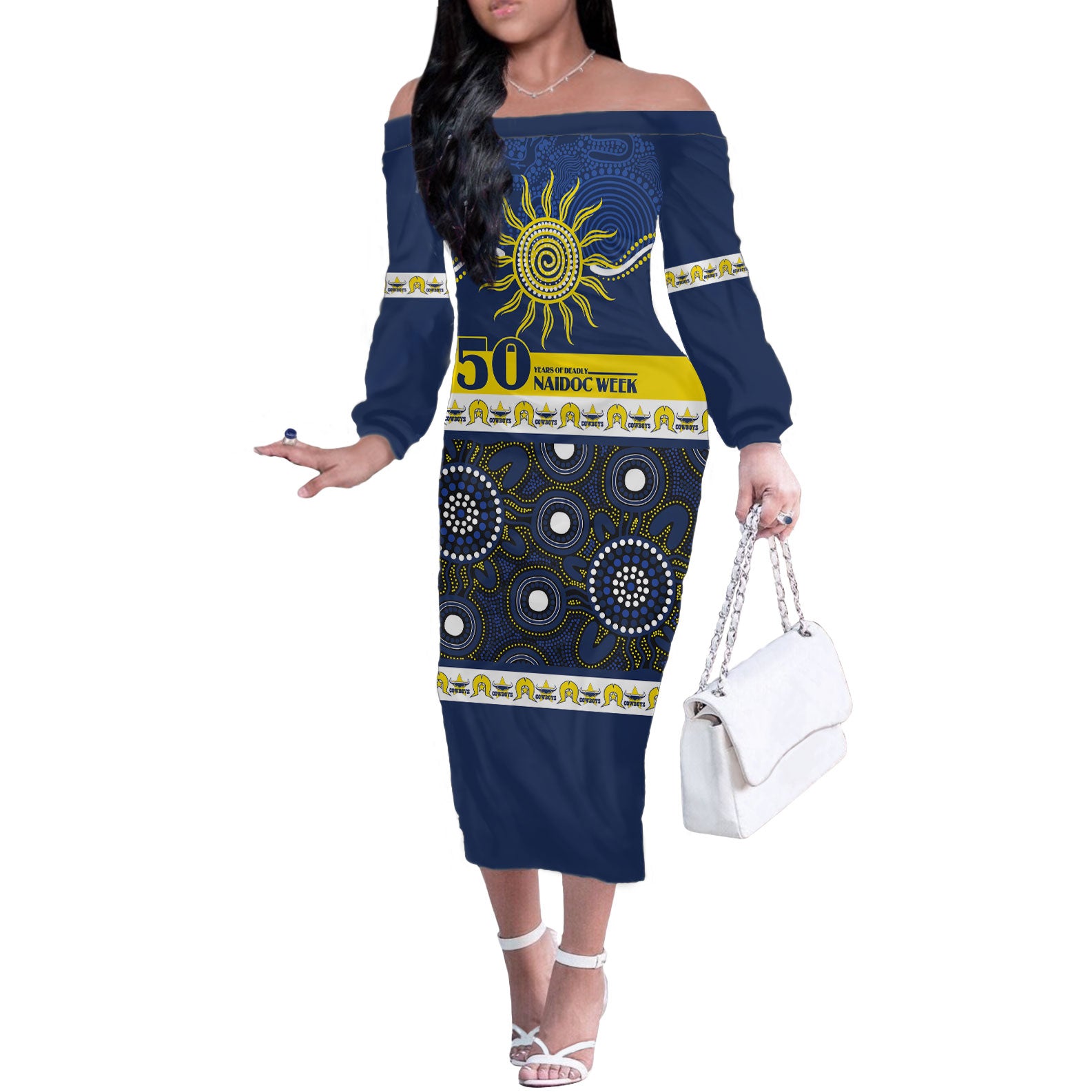 Cowboys NAIDOC Week Personalised Off The Shoulder Long Sleeve Dress Aboriginal Torres Strait Islanders Vibe