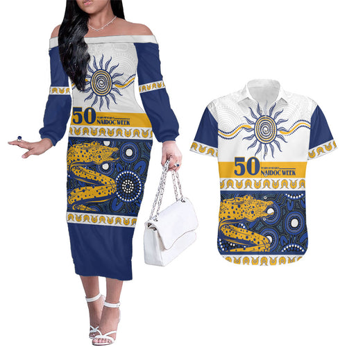 Eels NAIDOC Week Personalised Couples Matching Off The Shoulder Long Sleeve Dress and Hawaiian Shirt Aboriginal Torres Strait Islanders Vibe