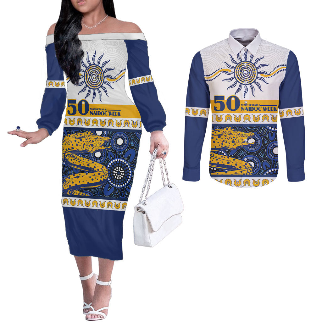 Eels NAIDOC Week Personalised Couples Matching Off The Shoulder Long Sleeve Dress and Long Sleeve Button Shirt Aboriginal Torres Strait Islanders Vibe