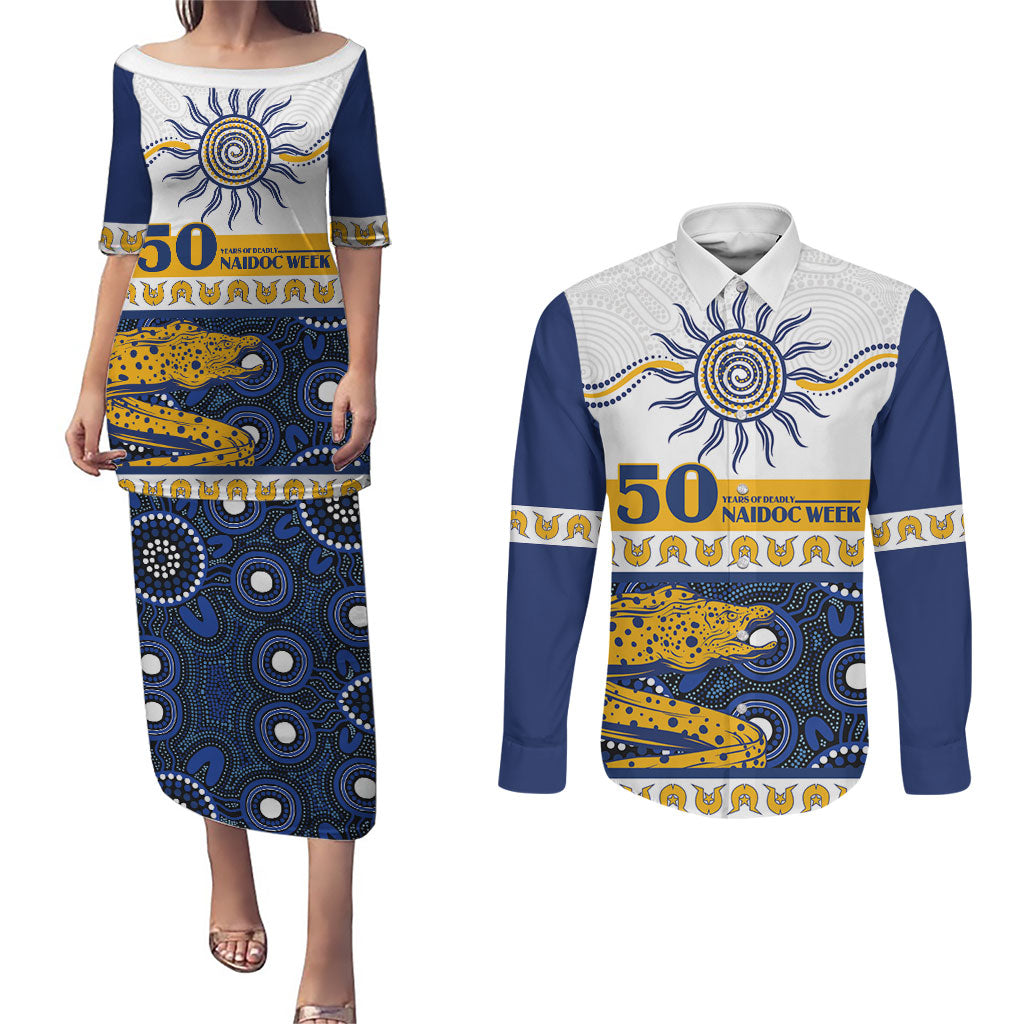 Eels NAIDOC Week Personalised Couples Matching Puletasi and Long Sleeve Button Shirt Aboriginal Torres Strait Islanders Vibe
