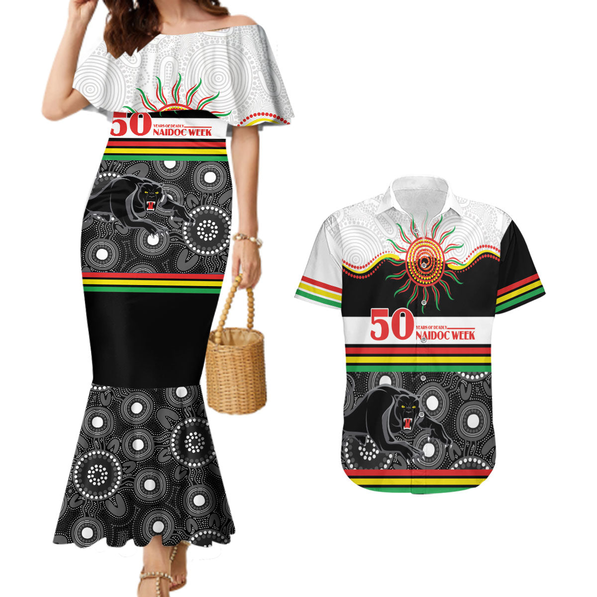 Panthers NAIDOC Week Personalised Couples Matching Mermaid Dress and Hawaiian Shirt Aboriginal Torres Strait Islanders Vibe