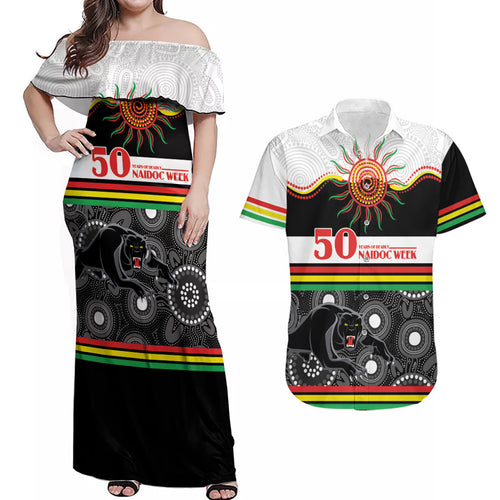 Panthers NAIDOC Week Personalised Couples Matching Off Shoulder Maxi Dress and Hawaiian Shirt Aboriginal Torres Strait Islanders Vibe