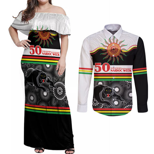 Panthers NAIDOC Week Personalised Couples Matching Off Shoulder Maxi Dress and Long Sleeve Button Shirt Aboriginal Torres Strait Islanders Vibe