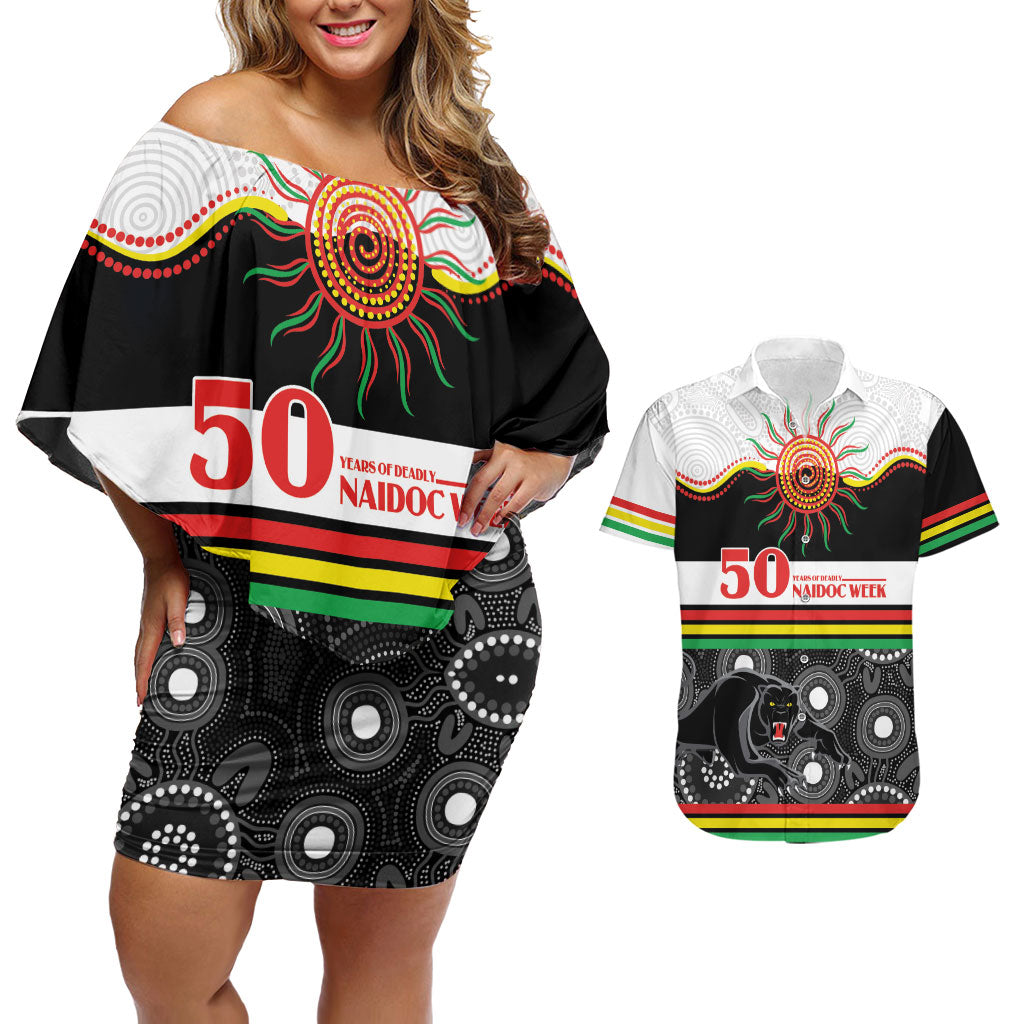 Panthers NAIDOC Week Personalised Couples Matching Off Shoulder Short Dress and Hawaiian Shirt Aboriginal Torres Strait Islanders Vibe