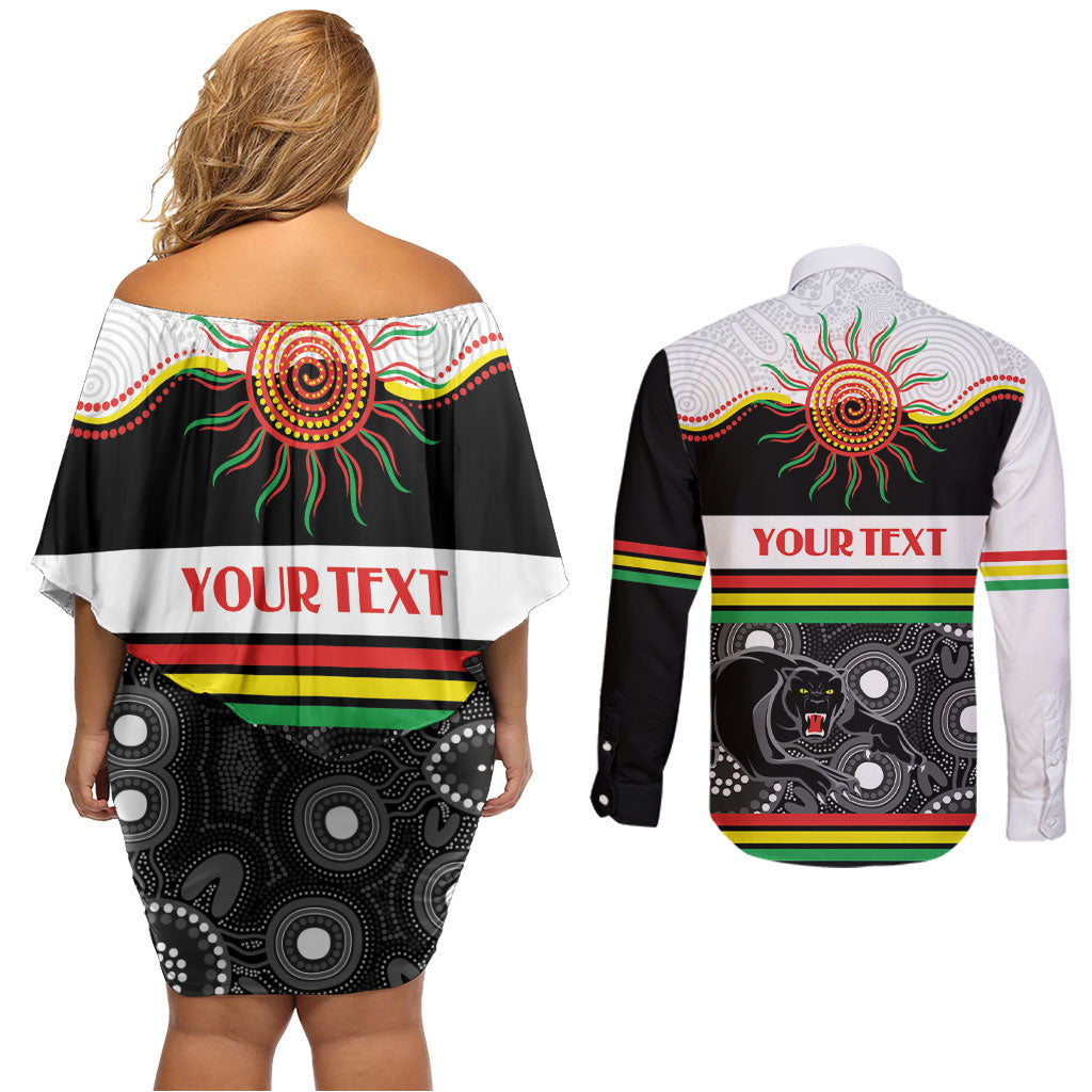 Panthers NAIDOC Week Personalised Couples Matching Off Shoulder Short Dress and Long Sleeve Button Shirt Aboriginal Torres Strait Islanders Vibe