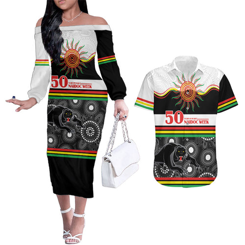 Panthers NAIDOC Week Personalised Couples Matching Off The Shoulder Long Sleeve Dress and Hawaiian Shirt Aboriginal Torres Strait Islanders Vibe