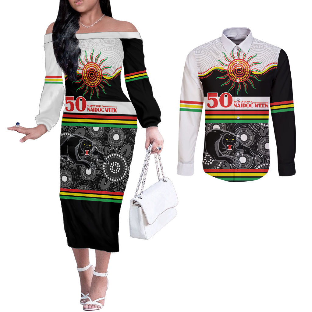 Panthers NAIDOC Week Personalised Couples Matching Off The Shoulder Long Sleeve Dress and Long Sleeve Button Shirt Aboriginal Torres Strait Islanders Vibe