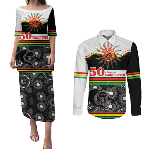 Panthers NAIDOC Week Personalised Couples Matching Puletasi and Long Sleeve Button Shirt Aboriginal Torres Strait Islanders Vibe