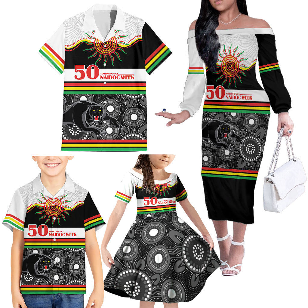 Panthers NAIDOC Week Personalised Family Matching Off The Shoulder Long Sleeve Dress and Hawaiian Shirt Aboriginal Torres Strait Islanders Vibe