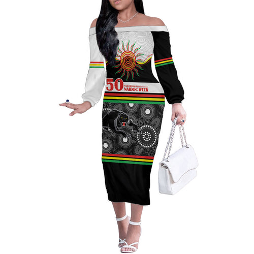 Panthers NAIDOC Week Personalised Family Matching Off The Shoulder Long Sleeve Dress and Hawaiian Shirt Aboriginal Torres Strait Islanders Vibe