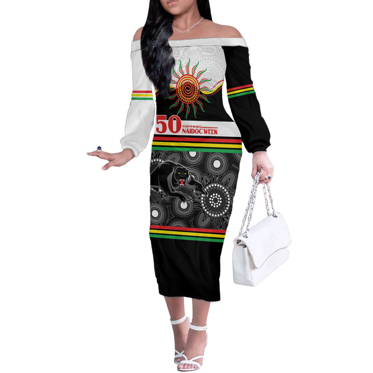 Panthers NAIDOC Week Personalised Off The Shoulder Long Sleeve Dress Aboriginal Torres Strait Islanders Vibe