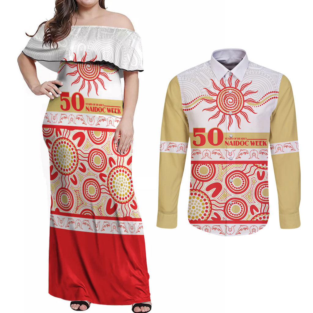 Dolphins NAIDOC Week Personalised Couples Matching Off Shoulder Maxi Dress and Long Sleeve Button Shirt Aboriginal Torres Strait Islanders Vibe