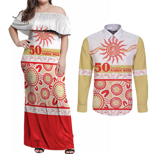 Dolphins NAIDOC Week Personalised Couples Matching Off Shoulder Maxi Dress and Long Sleeve Button Shirt Aboriginal Torres Strait Islanders Vibe