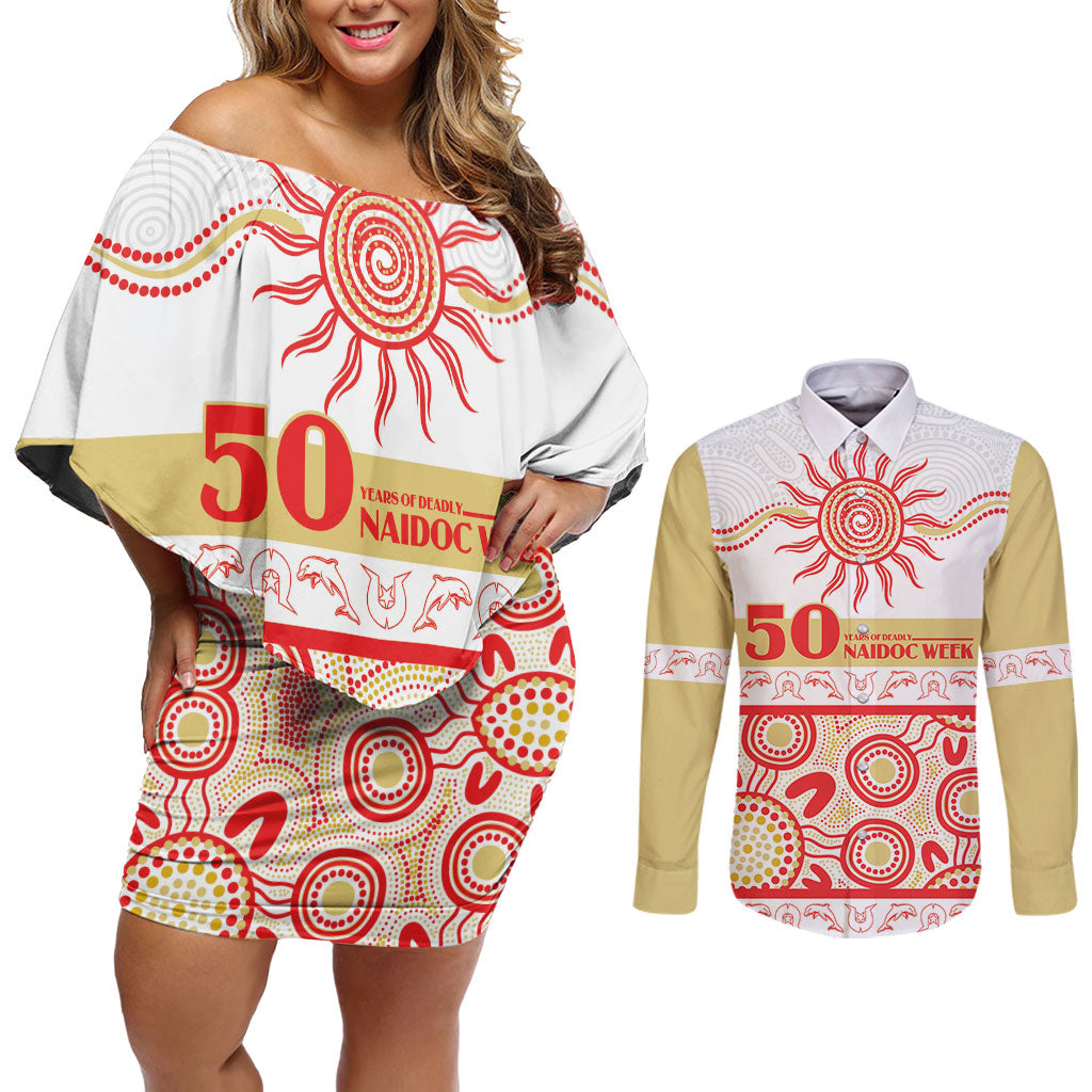 Dolphins NAIDOC Week Personalised Couples Matching Off Shoulder Short Dress and Long Sleeve Button Shirt Aboriginal Torres Strait Islanders Vibe