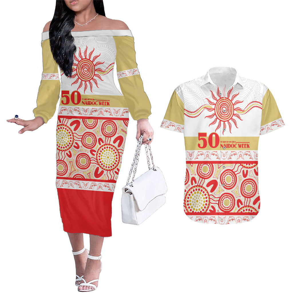 Dolphins NAIDOC Week Personalised Couples Matching Off The Shoulder Long Sleeve Dress and Hawaiian Shirt Aboriginal Torres Strait Islanders Vibe