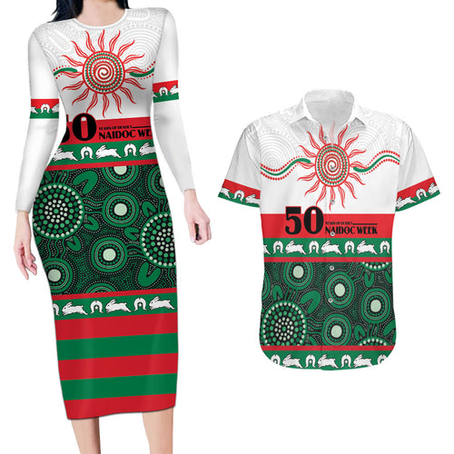 Rabbitohs NAIDOC Week Personalised Couples Matching Long Sleeve Bodycon Dress and Hawaiian Shirt Aboriginal Torres Strait Islanders Vibe