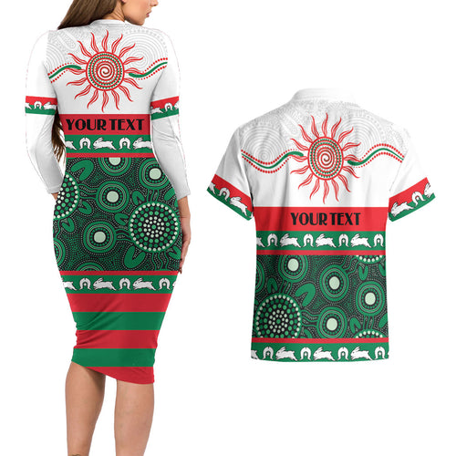 Rabbitohs NAIDOC Week Personalised Couples Matching Long Sleeve Bodycon Dress and Hawaiian Shirt Aboriginal Torres Strait Islanders Vibe