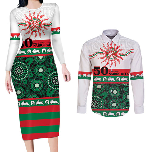 Rabbitohs NAIDOC Week Personalised Couples Matching Long Sleeve Bodycon Dress and Long Sleeve Button Shirt Aboriginal Torres Strait Islanders Vibe