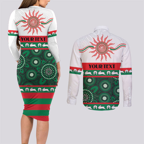 Rabbitohs NAIDOC Week Personalised Couples Matching Long Sleeve Bodycon Dress and Long Sleeve Button Shirt Aboriginal Torres Strait Islanders Vibe