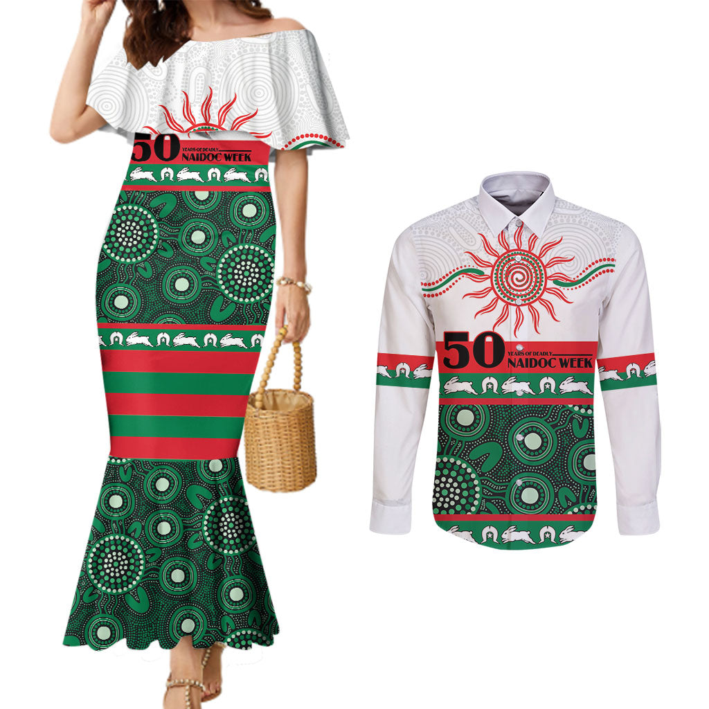 Rabbitohs NAIDOC Week Personalised Couples Matching Mermaid Dress and Long Sleeve Button Shirt Aboriginal Torres Strait Islanders Vibe