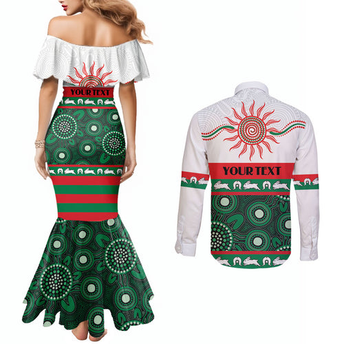 Rabbitohs NAIDOC Week Personalised Couples Matching Mermaid Dress and Long Sleeve Button Shirt Aboriginal Torres Strait Islanders Vibe