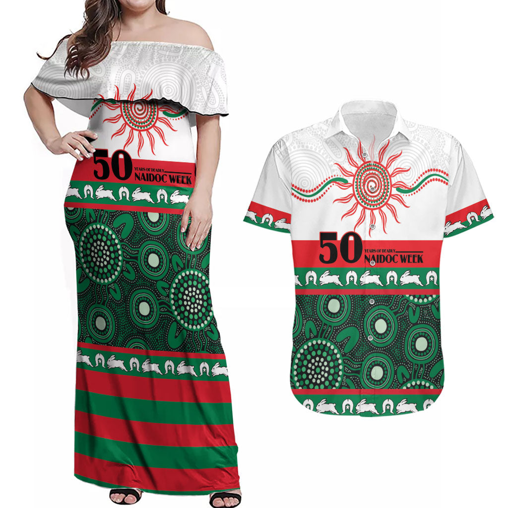 Rabbitohs NAIDOC Week Personalised Couples Matching Off Shoulder Maxi Dress and Hawaiian Shirt Aboriginal Torres Strait Islanders Vibe