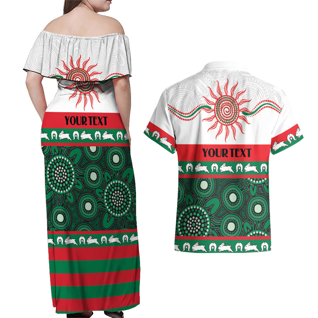Rabbitohs NAIDOC Week Personalised Couples Matching Off Shoulder Maxi Dress and Hawaiian Shirt Aboriginal Torres Strait Islanders Vibe