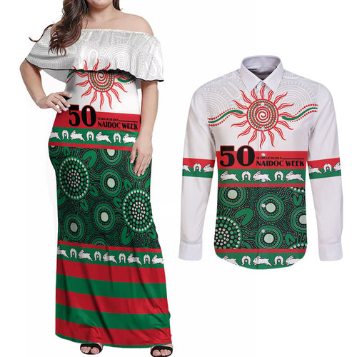 Rabbitohs NAIDOC Week Personalised Couples Matching Off Shoulder Maxi Dress and Long Sleeve Button Shirt Aboriginal Torres Strait Islanders Vibe